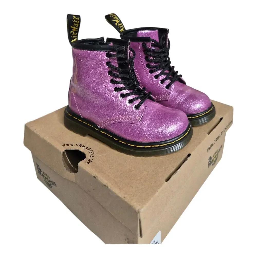 Brand new Dr. Martens Kids Pink Glitter Lace-Up Combat Boots